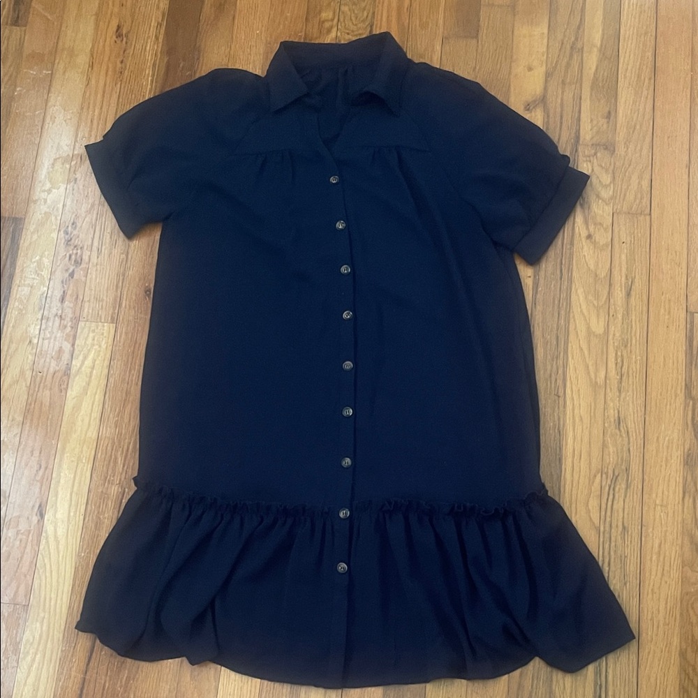 Navy Blue Button-Front Ruffle Hem Shirt Dress